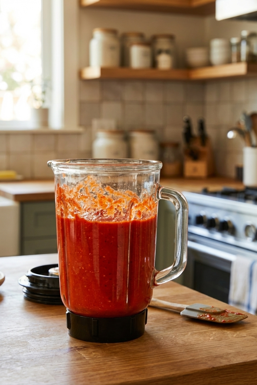 A blender jar filled with bright red blended sriracha sauce on a kitchen counter