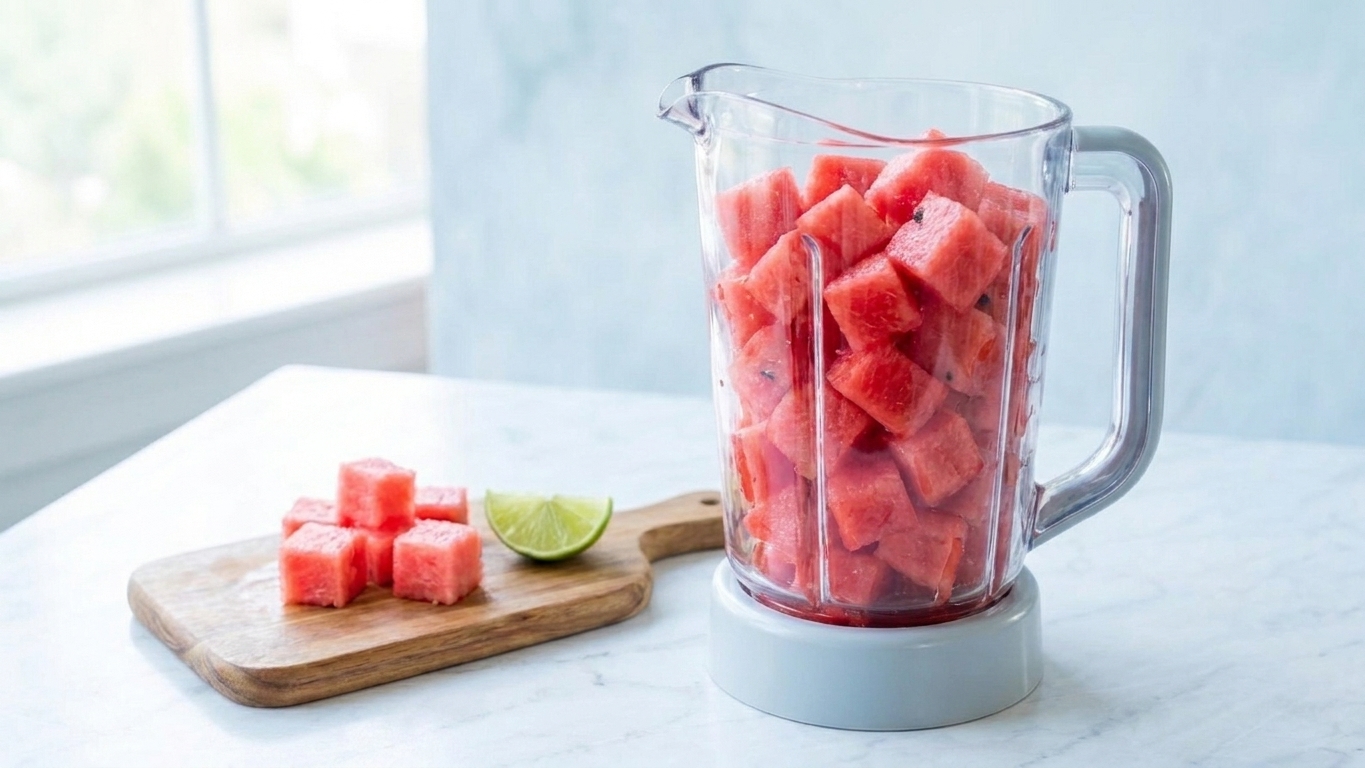 A blender jar filled with bright red watermelon cubes on a kitchen counter next to a cutting board