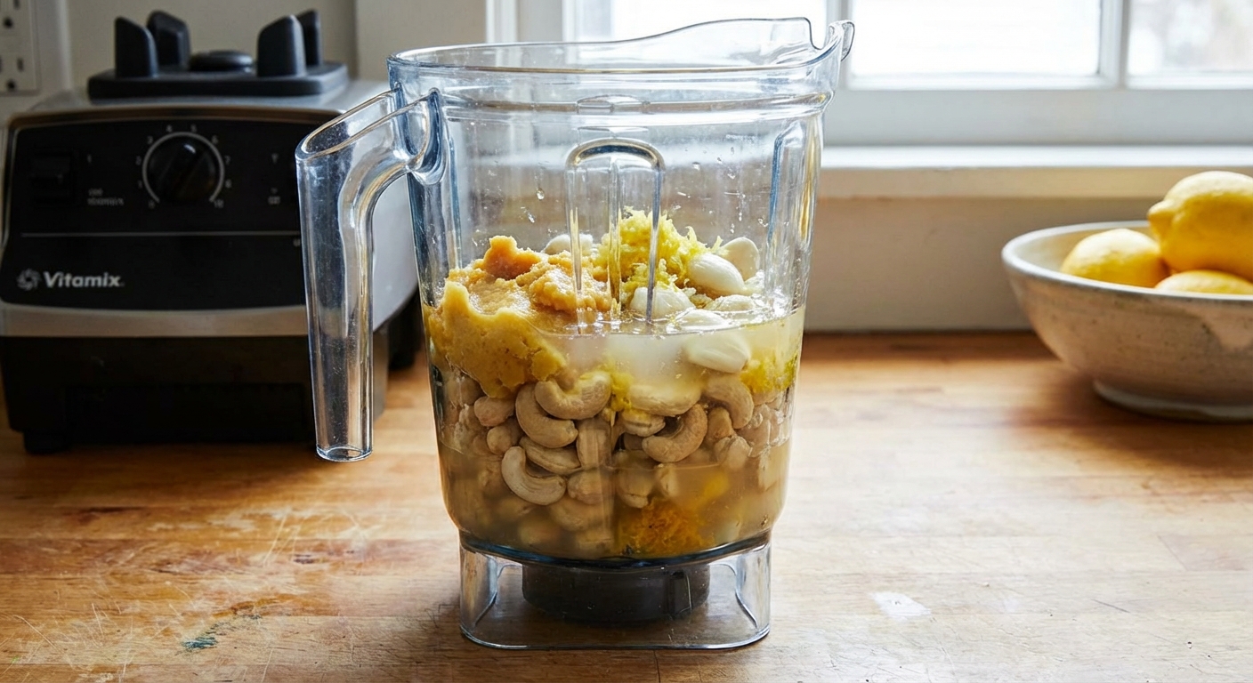 A blender jar filled with cashew lemon miso sauce before blending on a kitchen counter