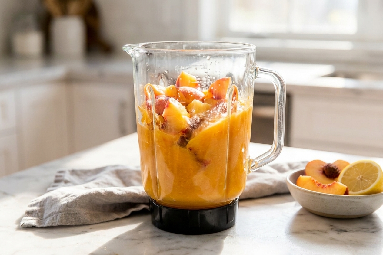 A blender jar filled with chopped ripe peaches and lemon juice being blended into a smooth puree on a clean kitchen counter
