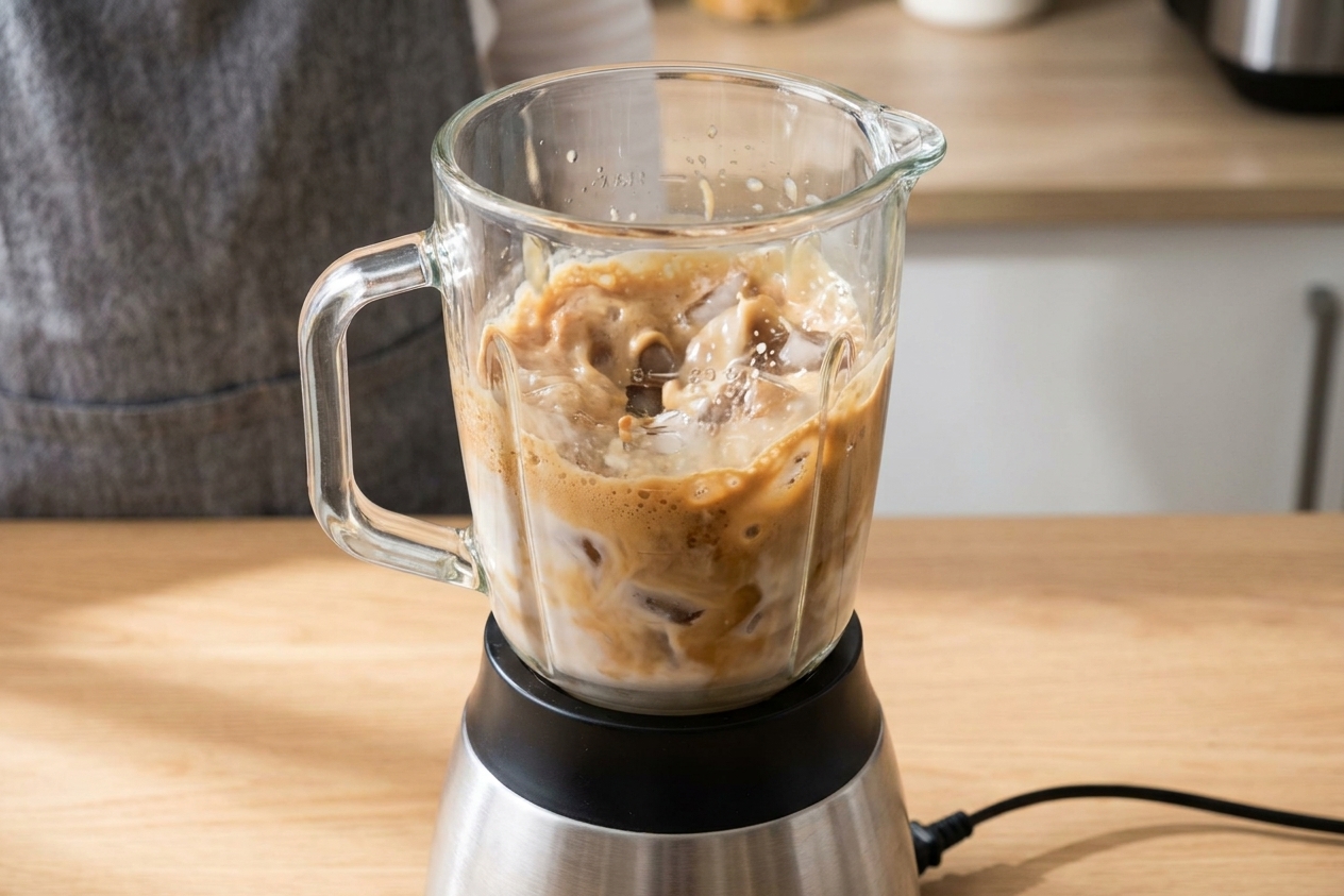 A blender jar filled with coffee, milk, and ice mid-blend on a kitchen counter