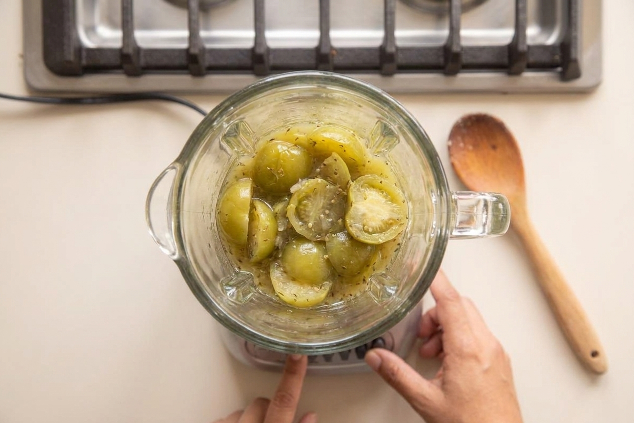 A blender jar filled with cooked tomatillos and broth, about to be blended into green sauce on a kitchen counter