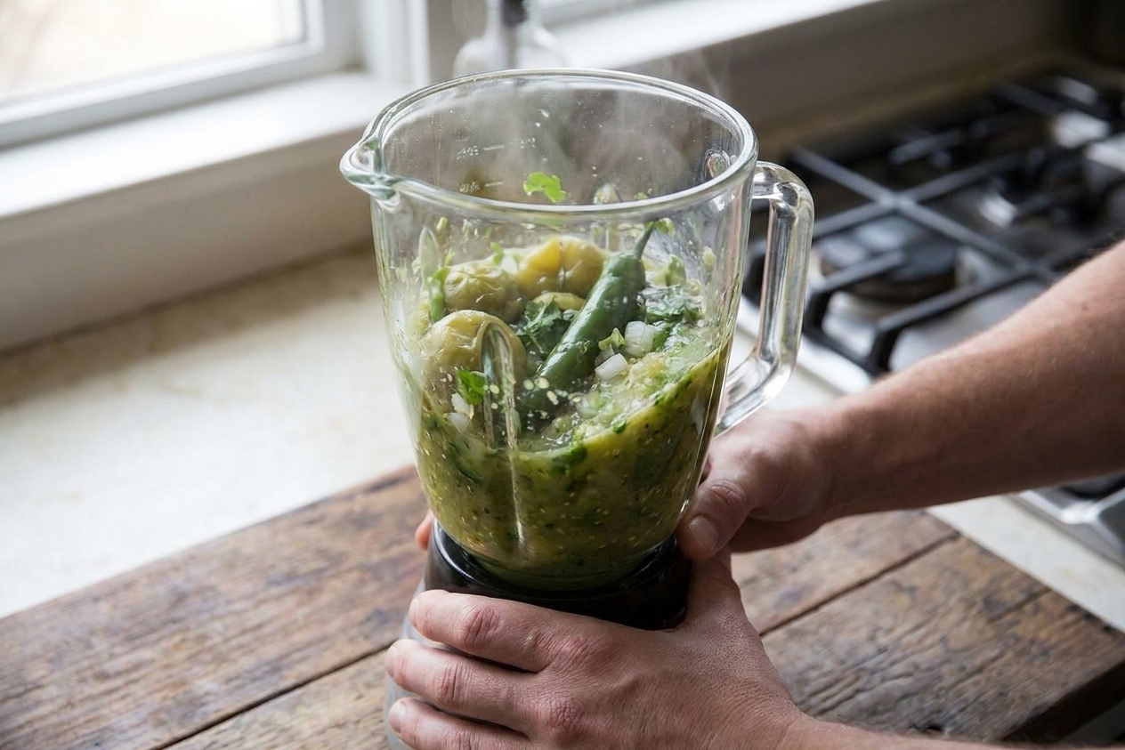 A blender jar filled with cooked tomatillos, green chiles, cilantro, and onion being blended into salsa verde on a kitchen counter