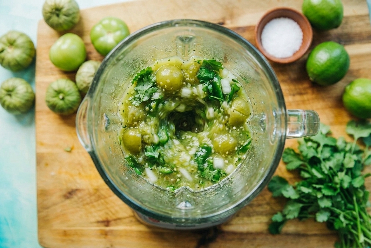 A blender jar filled with cooked tomatillos, jalapeño, cilantro, onion, and lime juice being blended into salsa verde on a kitchen counter
