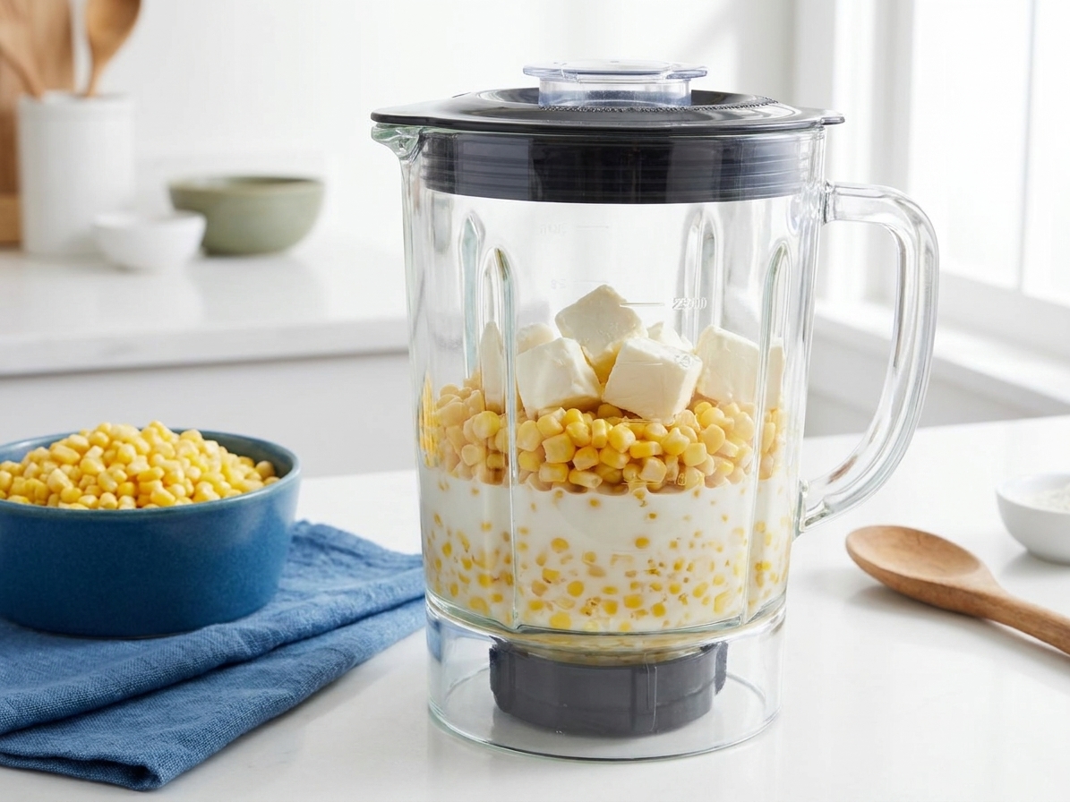 A blender jar filled with corn kernels, milk, and cream cheese ready to be blended on a kitchen counter