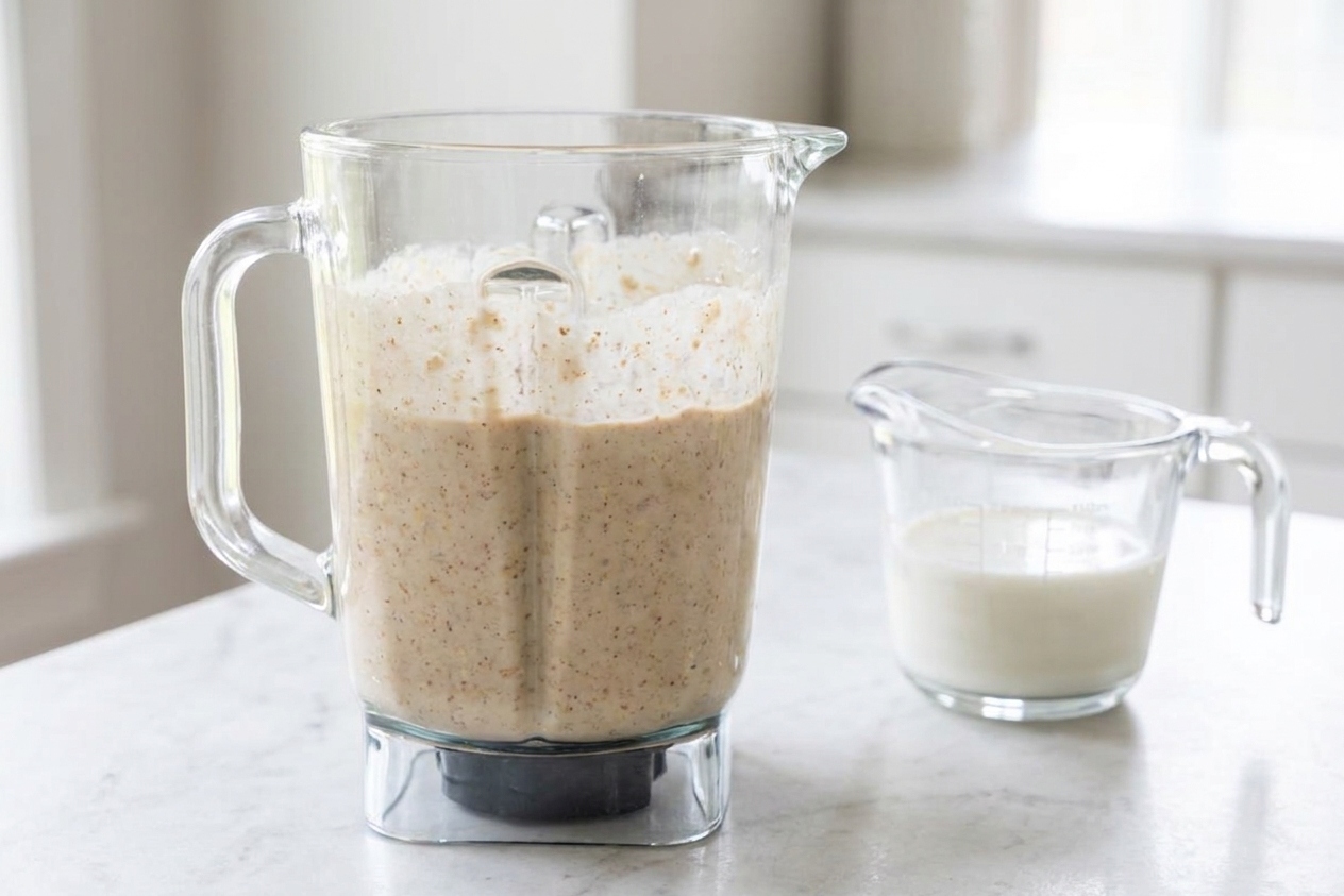 A blender jar filled with creamy banana oat pancake batter on a kitchen counter with a measuring cup nearby