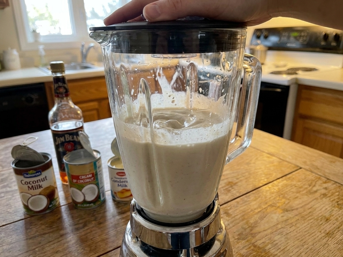 A blender jar filled with creamy coquito mixture mid-blend on a kitchen counter