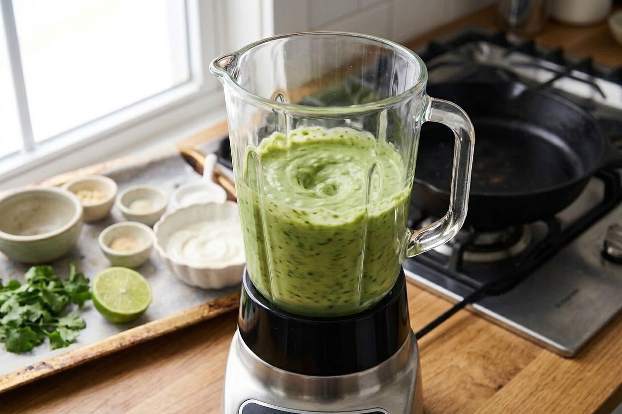 A blender jar filled with creamy green poblano-cilantro sauce mid-blend on a kitchen counter