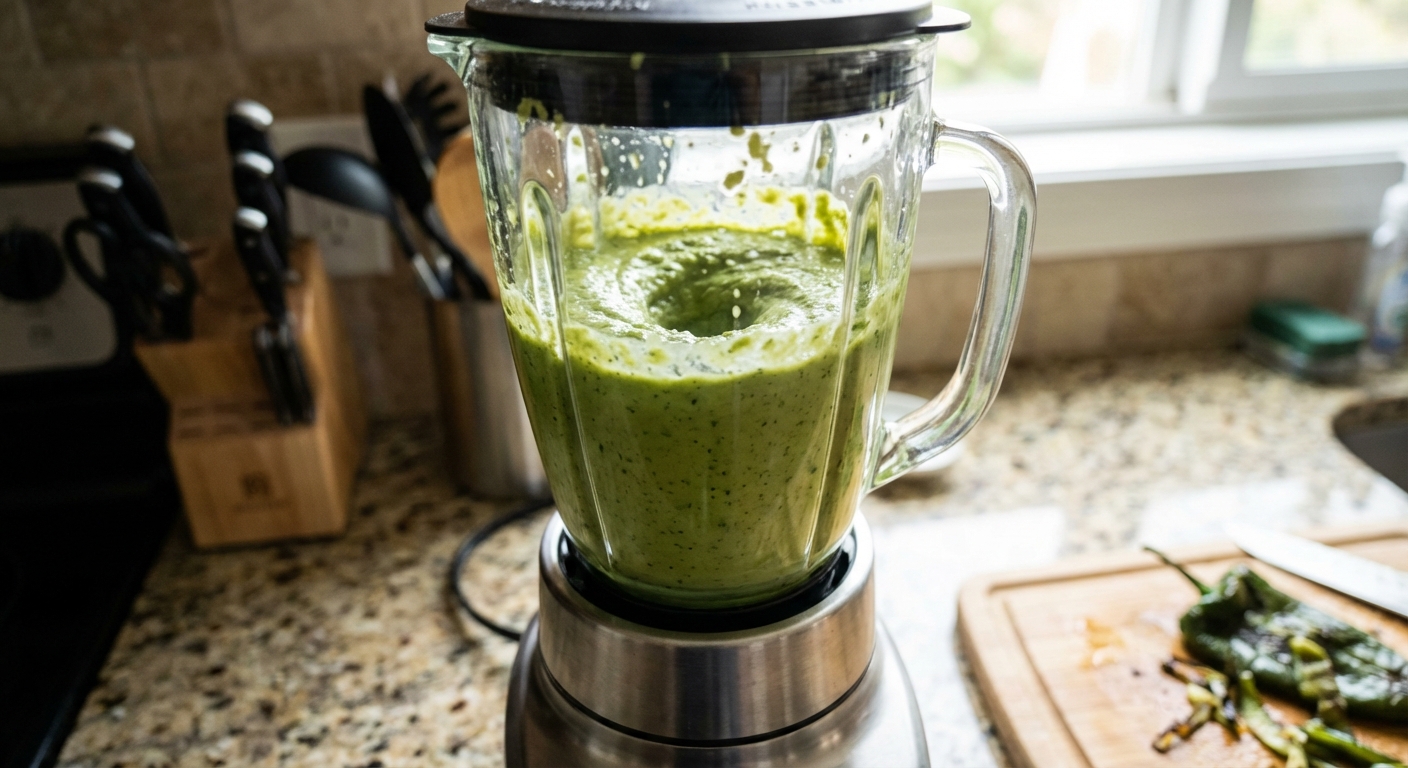 A blender jar filled with creamy green poblano sauce mid-blend on a kitchen counter