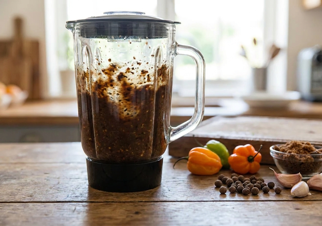A blender jar filled with dark jerk sauce mid-blend on a kitchen counter with ingredients pushed to the side