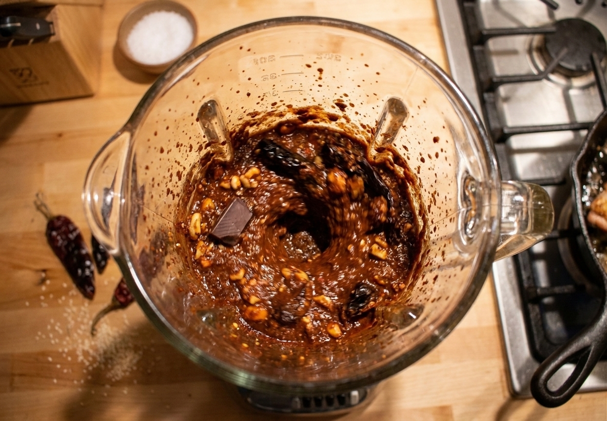 A blender jar filled with dark red-brown mole ingredients mid-blend on a kitchen counter