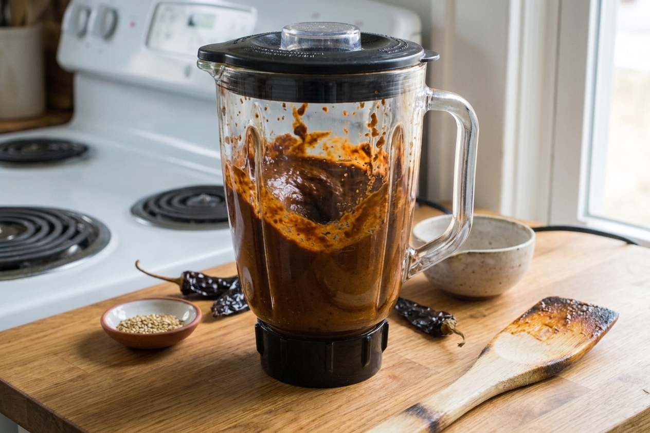 A blender jar filled with dark reddish-brown mole sauce mid-blend on a kitchen counter