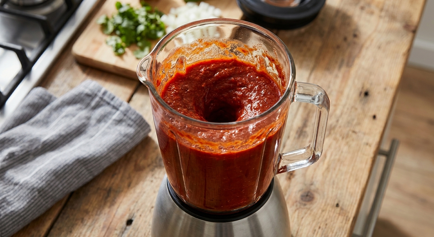 A blender jar filled with deep red barbacoa sauce being blended on a kitchen counter