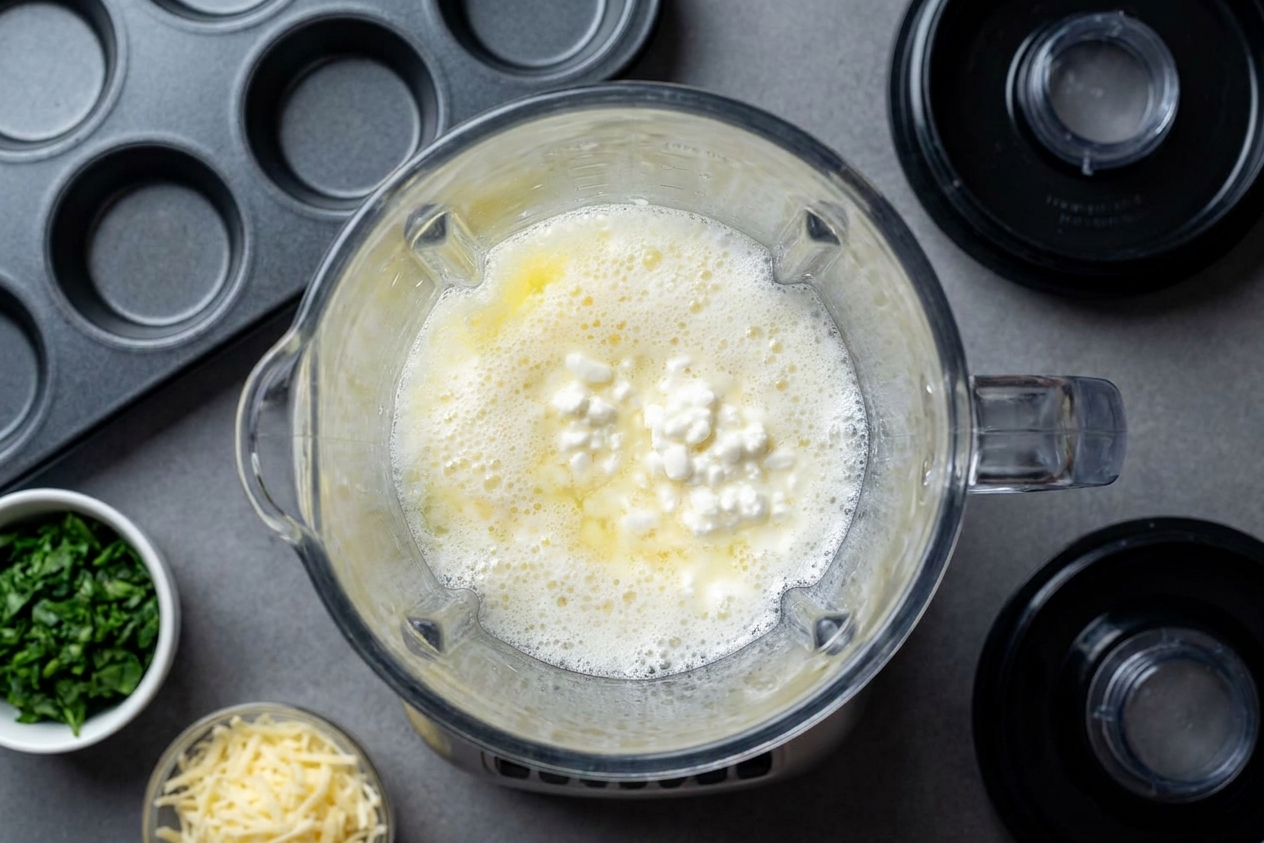 A blender jar filled with egg whites and cottage cheese on a kitchen counter, ready to be blended