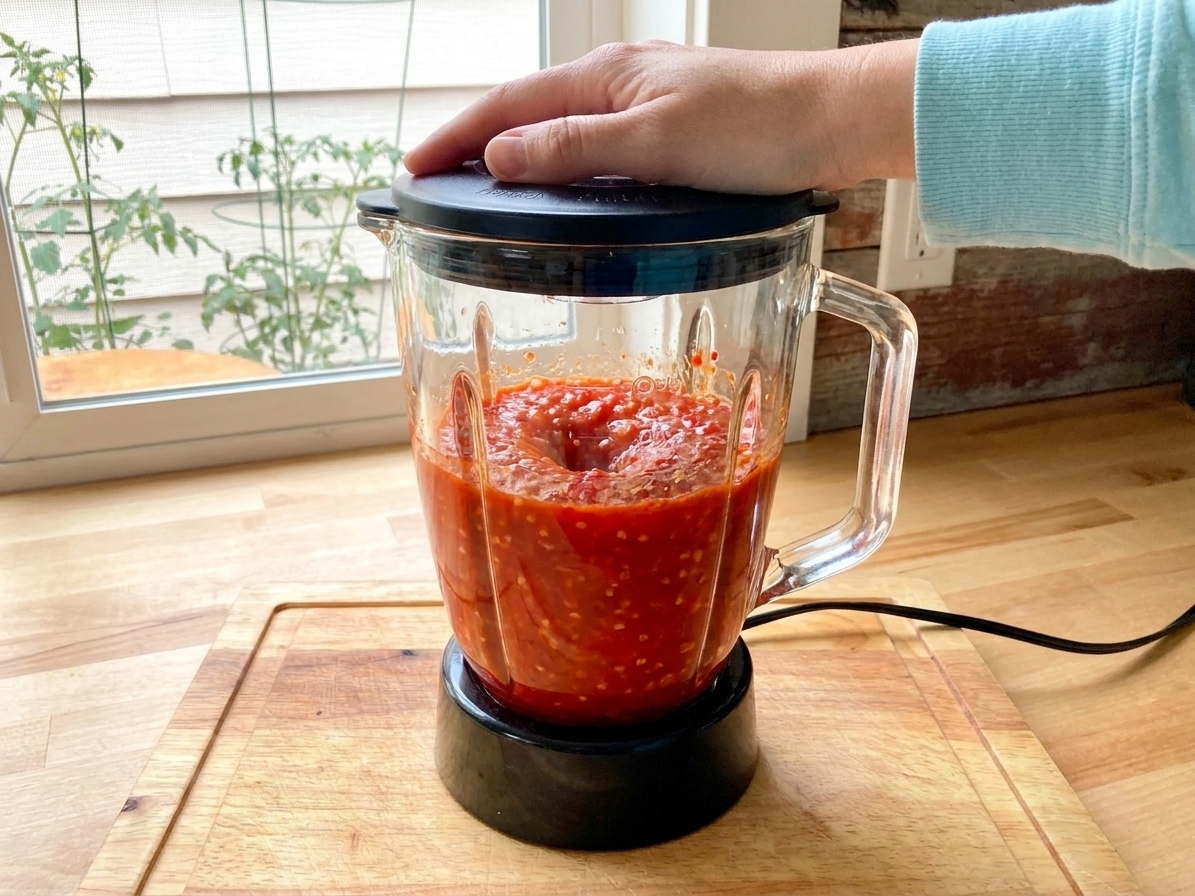 A blender jar filled with fermented chiles and garlic being blended into a smooth red sauce on a kitchen counter
