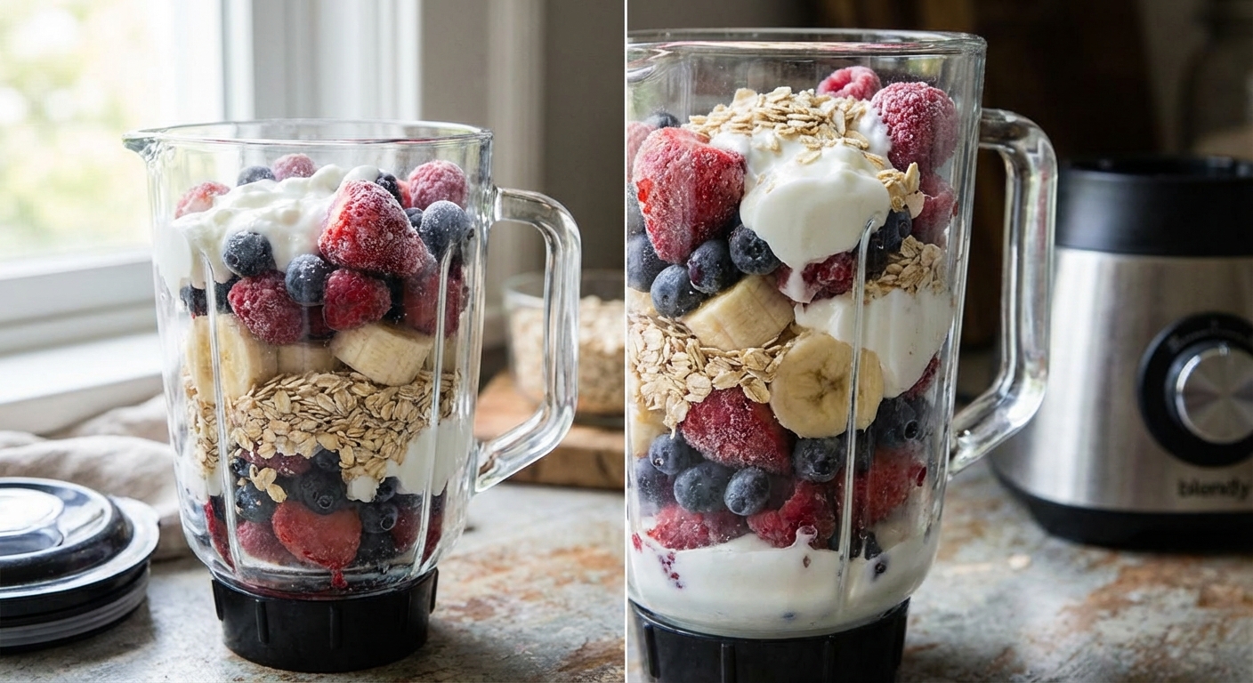 A blender jar filled with frozen berries, banana slices, oats, and yogurt before blending