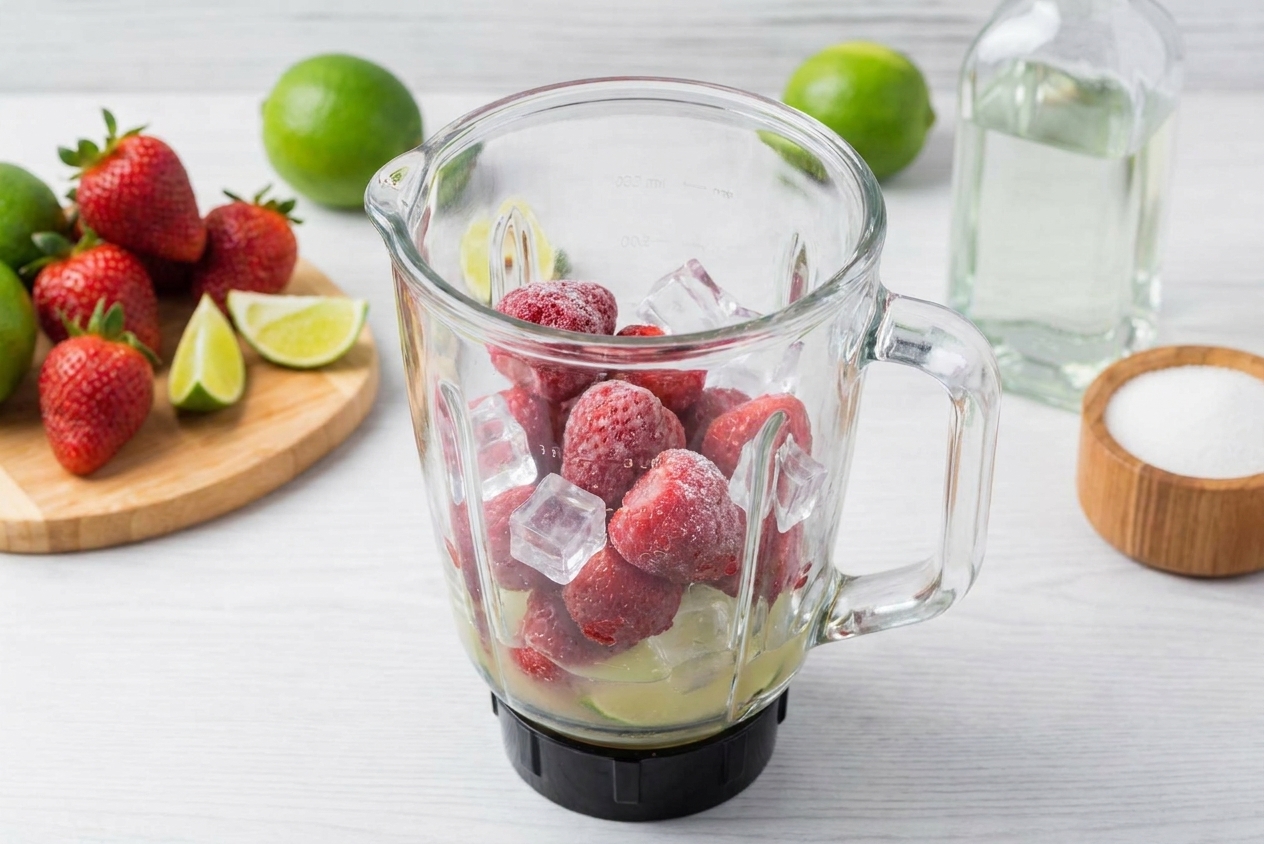 A blender jar filled with frozen strawberries, ice, rum, and lime juice on a kitchen counter before blending