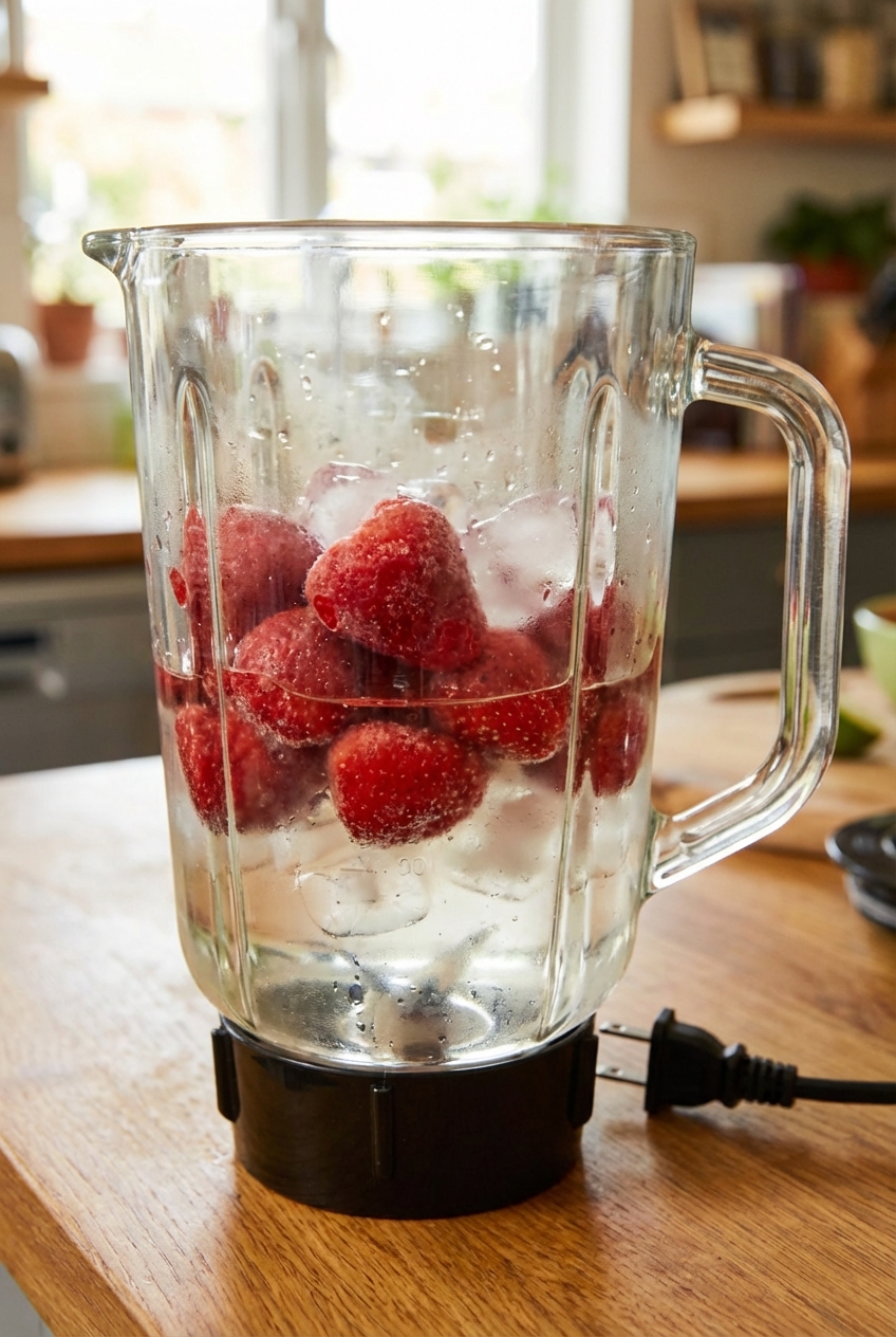 A blender jar filled with frozen strawberries, lime juice, rum, and ice on a countertop right before blending