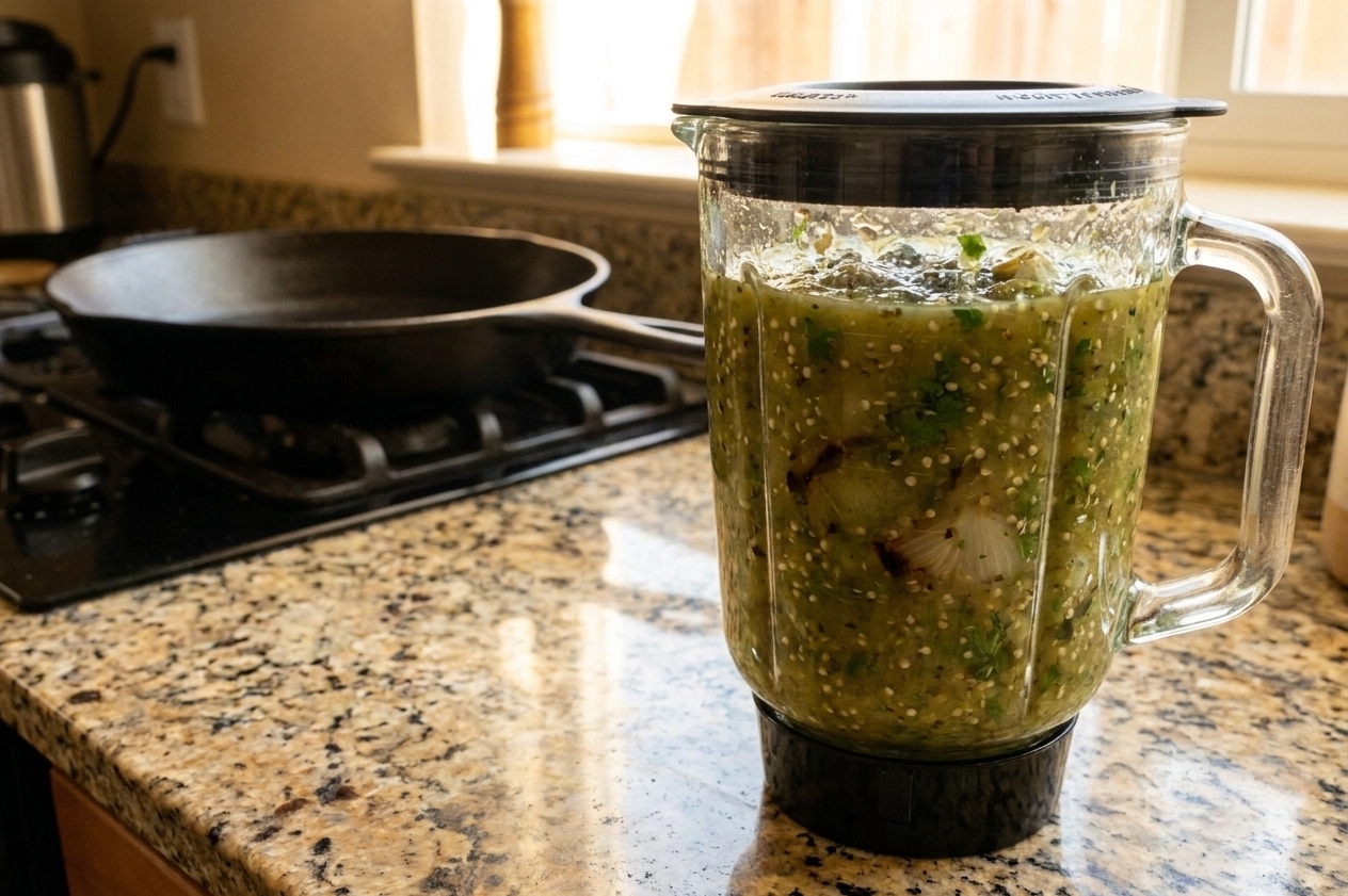 A blender jar filled with green tomatillo salsa on a kitchen counter
