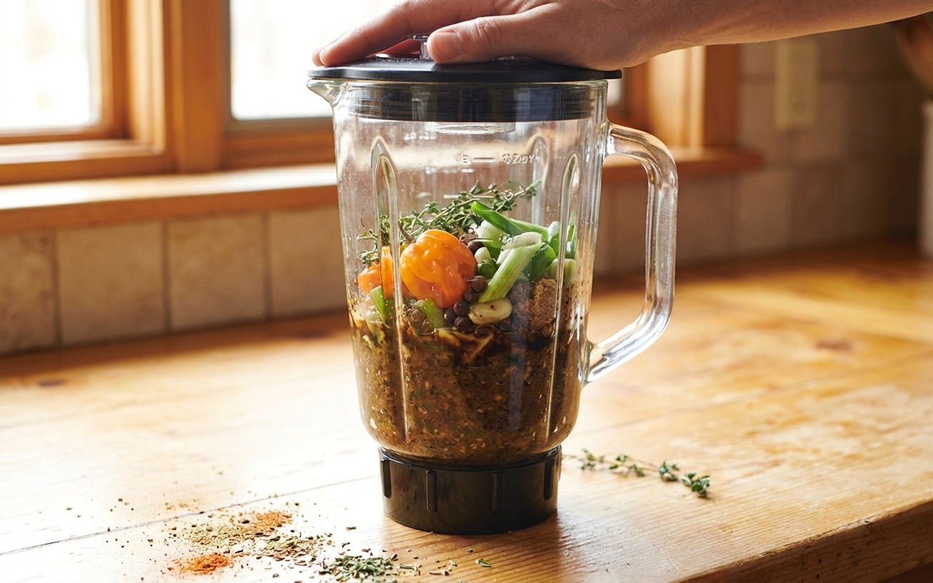 A blender jar filled with jerk marinade ingredients midway through blending, sitting on a bright kitchen counter
