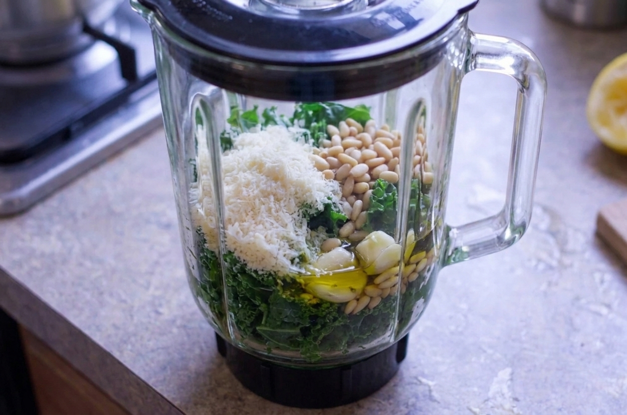 A blender jar filled with kale, grated Parmesan, nuts, garlic, lemon juice, and olive oil on a kitchen counter right before blending
