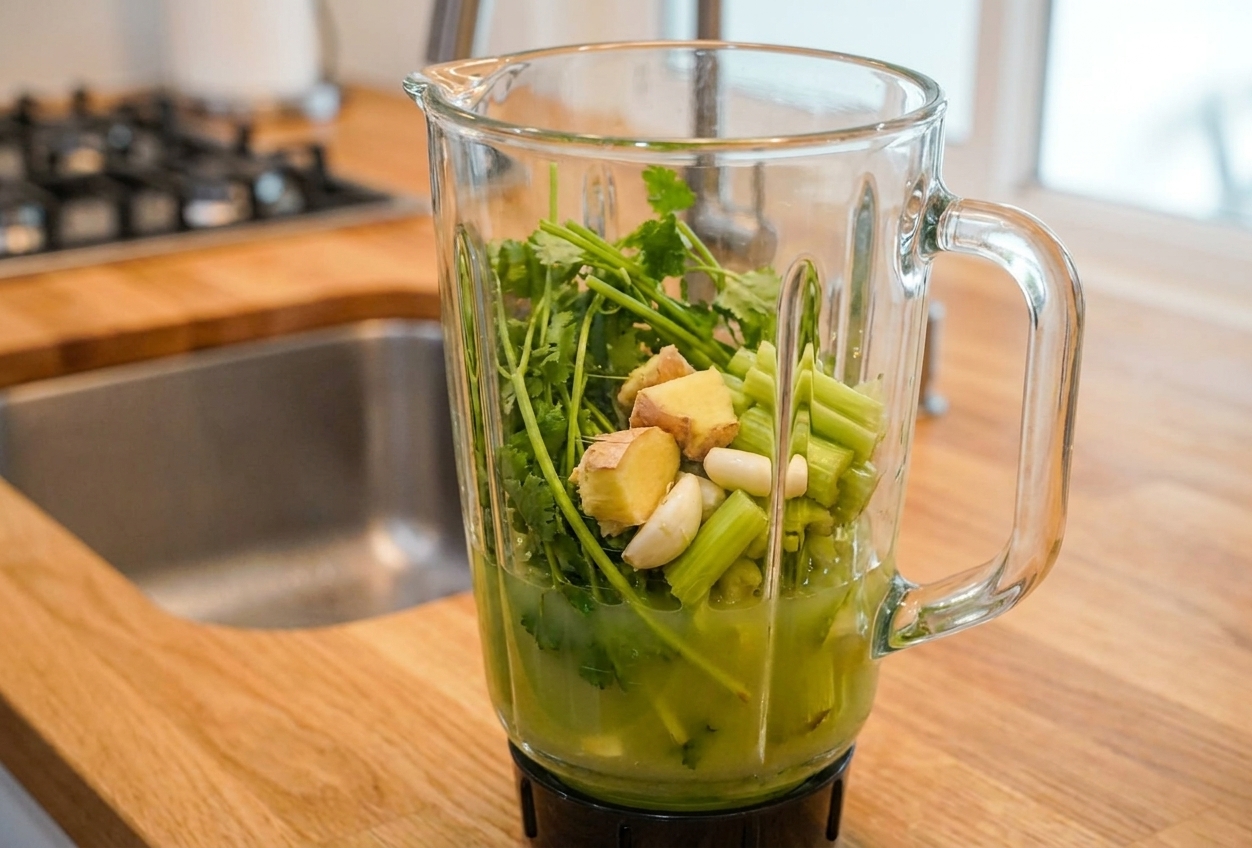 A blender jar filled with lime juice, cilantro stems, ginger, garlic, and celery before blending on a bright kitchen counter