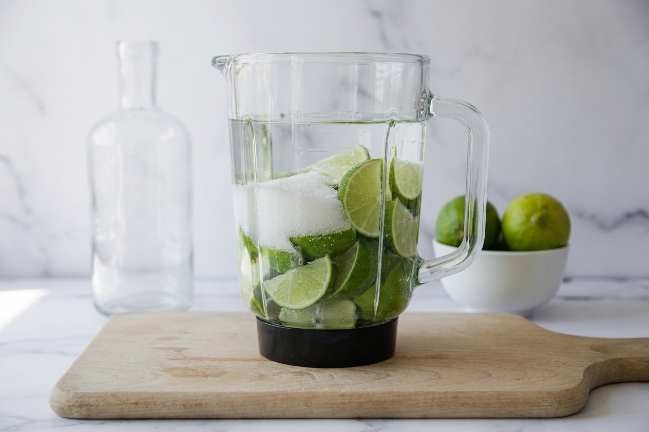 A blender jar filled with lime wedges, water, and sugar just before blending on a clean kitchen counter