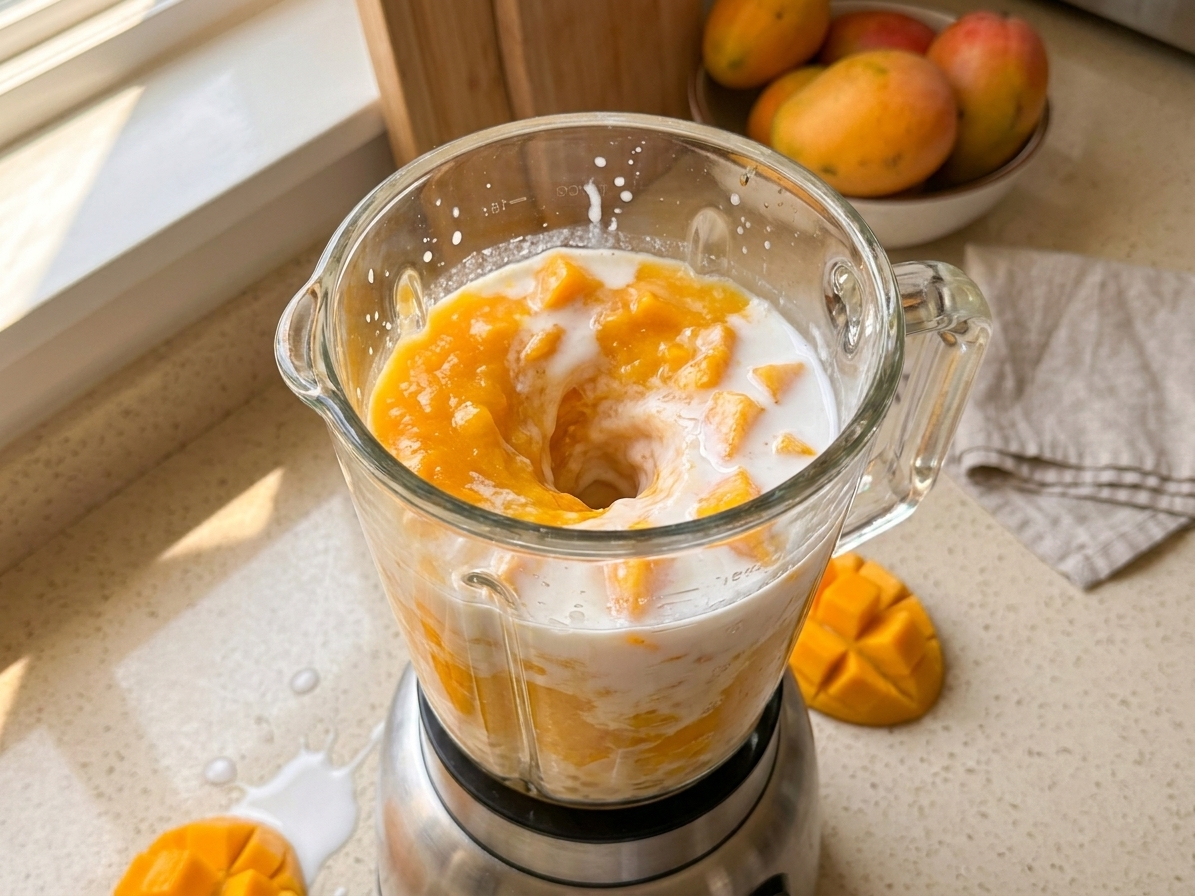 A blender jar filled with mango chunks and coconut milk mid-blend on a bright kitchen counter