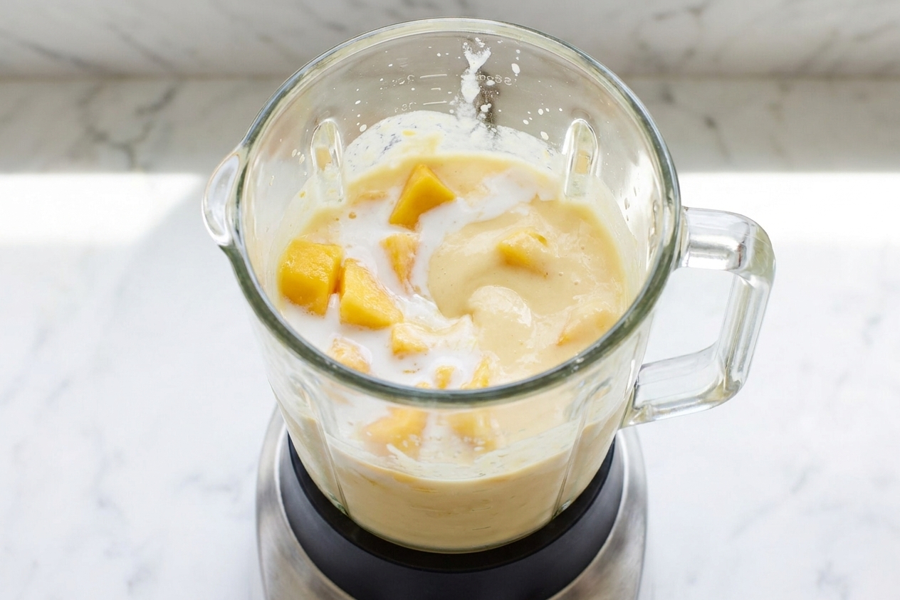 A blender jar filled with mango chunks and coconut milk being blended into a smooth pale-yellow mixture on a kitchen counter