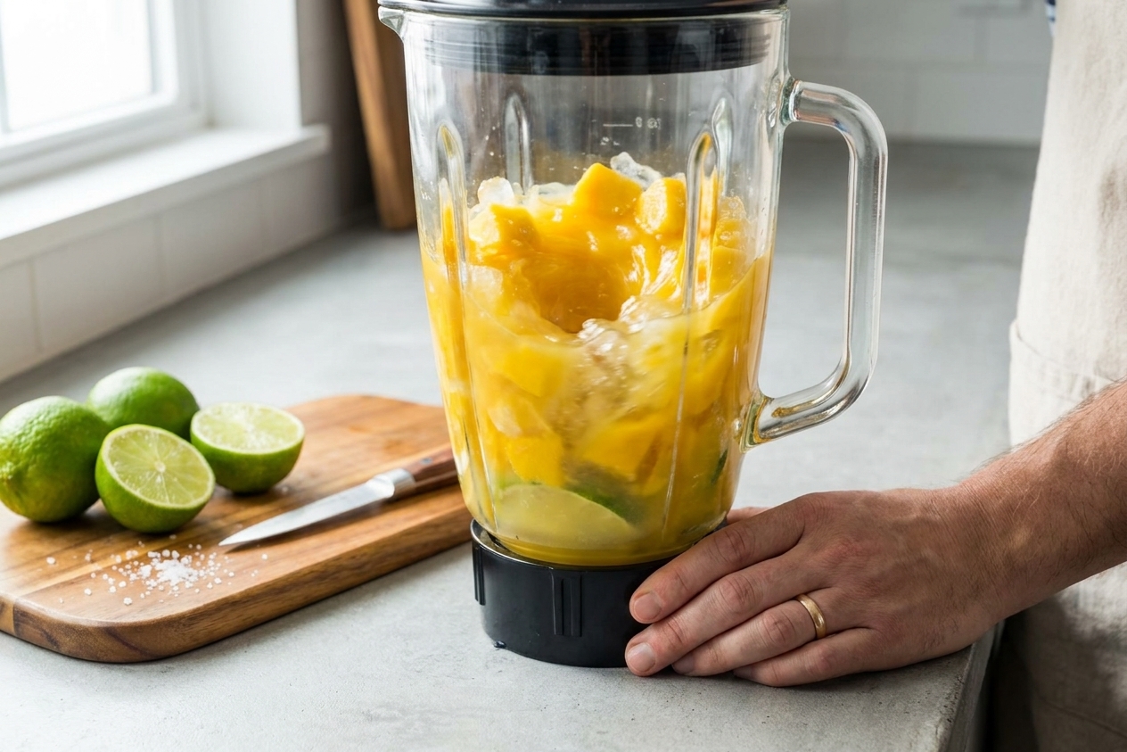A blender jar filled with mango chunks, ice, and margarita ingredients mid-blend on a bright kitchen counter with limes nearby