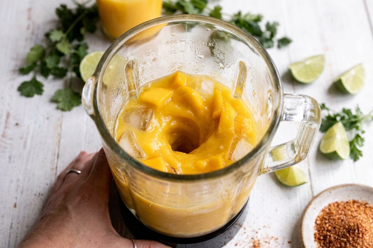 A blender jar filled with mango chunks, lime juice, tequila, and ice mid-blend on a home kitchen counter