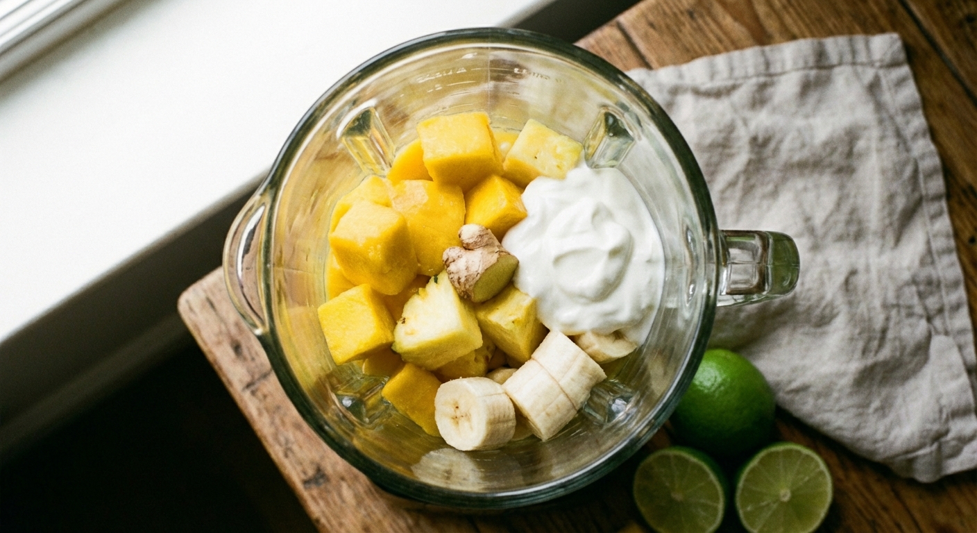 A blender jar filled with mango, pineapple, banana slices, yogurt, and a small piece of ginger before blending, photographed from above on a light countertop
