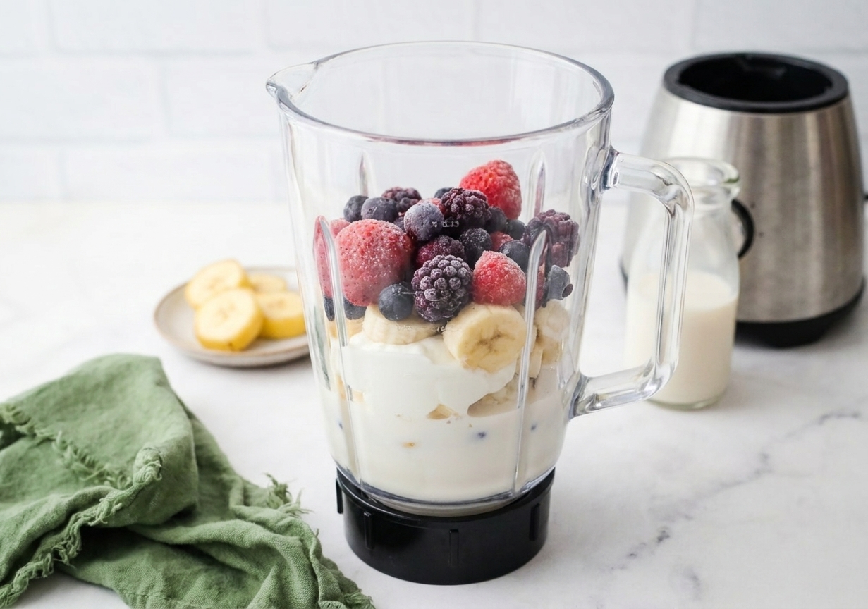 A blender jar filled with milk, Greek yogurt, banana slices, and frozen mixed berries on a kitchen counter