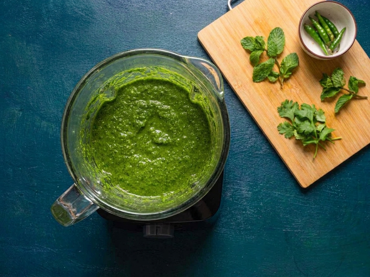 A blender jar filled with mint cilantro puree for pani puri on a kitchen counter