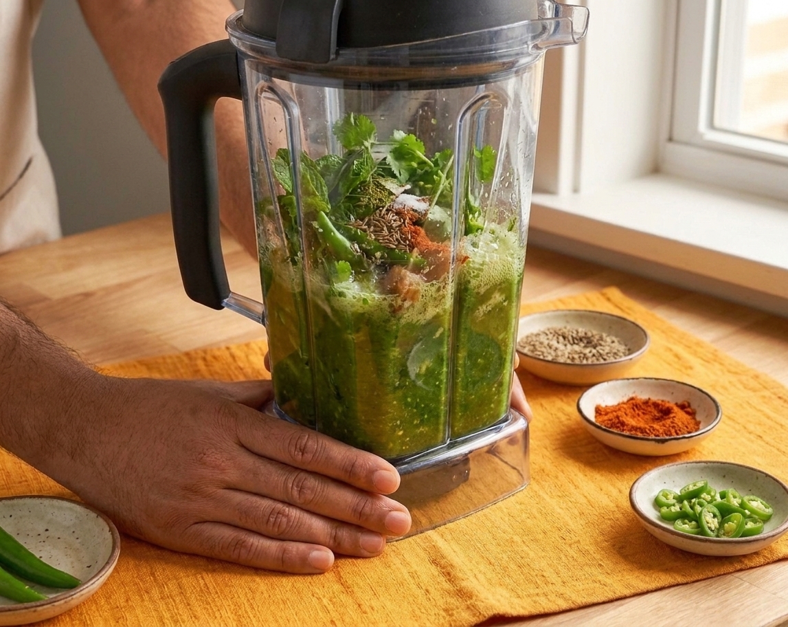 A blender jar filled with mint, cilantro, spices, and water being blended on a kitchen counter