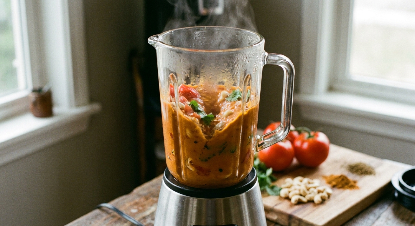 A blender jar filled with orange tomato-cashew curry gravy mid-blend, steam lightly fogging the sides, on a kitchen counter