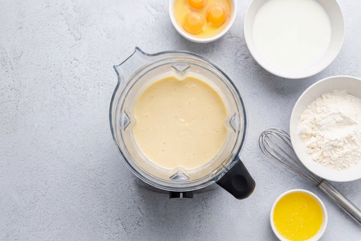 A blender jar filled with pale crepe batter on a clean kitchen counter with eggs, milk, and flour nearby