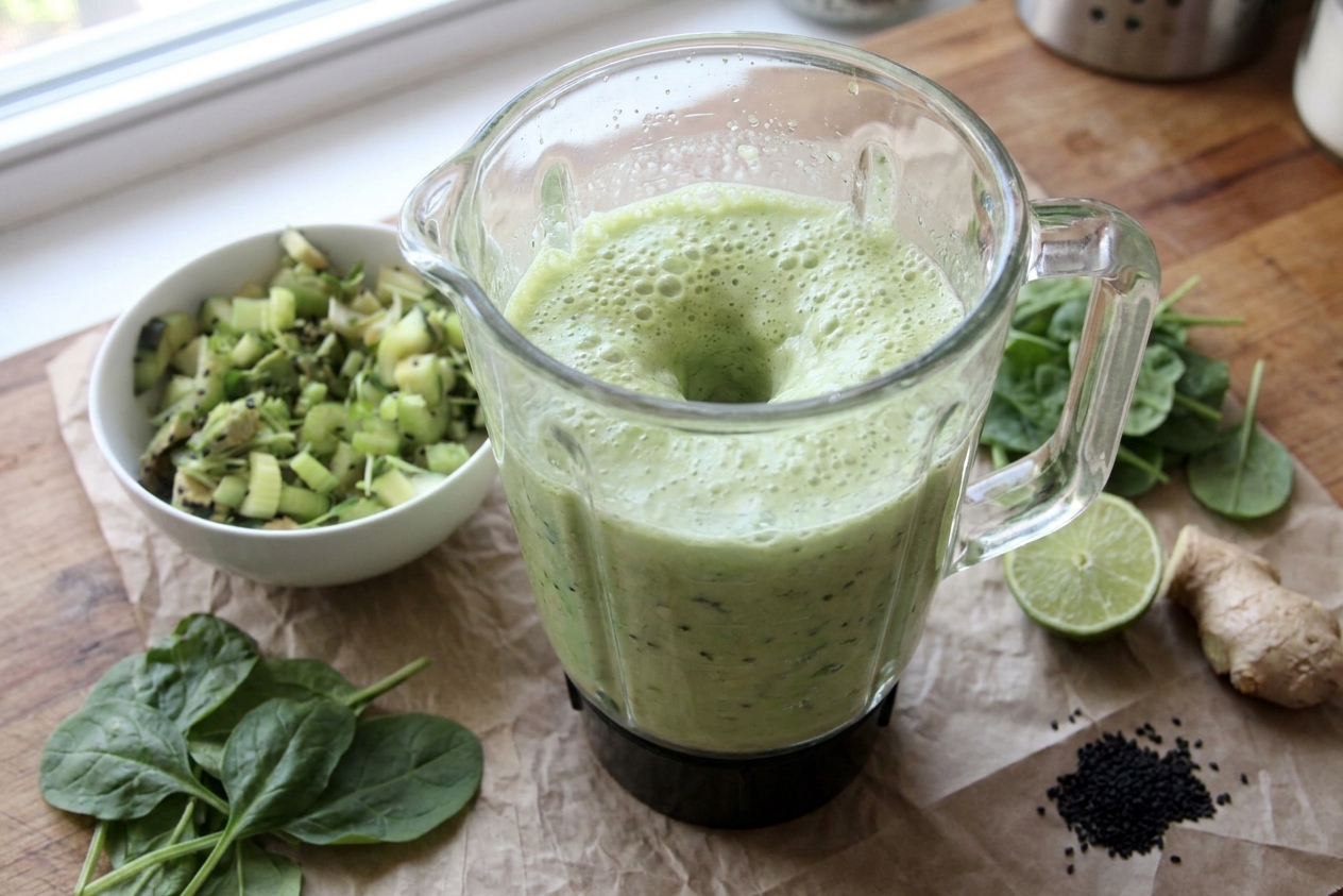 A blender jar filled with pale green juice mid-blend on a kitchen counter with ingredients nearby