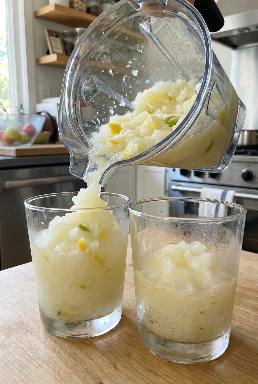 A blender jar filled with pale yellow citrus slush being poured into two chilled glasses