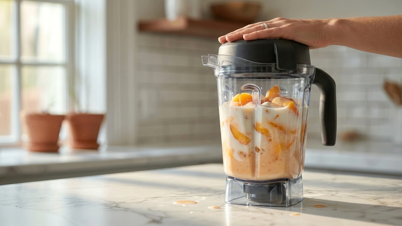 A blender jar filled with peaches, yogurt, and milk being blended into a smooth pale orange smoothie on a kitchen counter