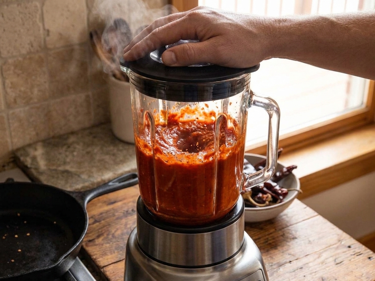 A blender jar filled with red chile mixture mid-blend on a kitchen counter