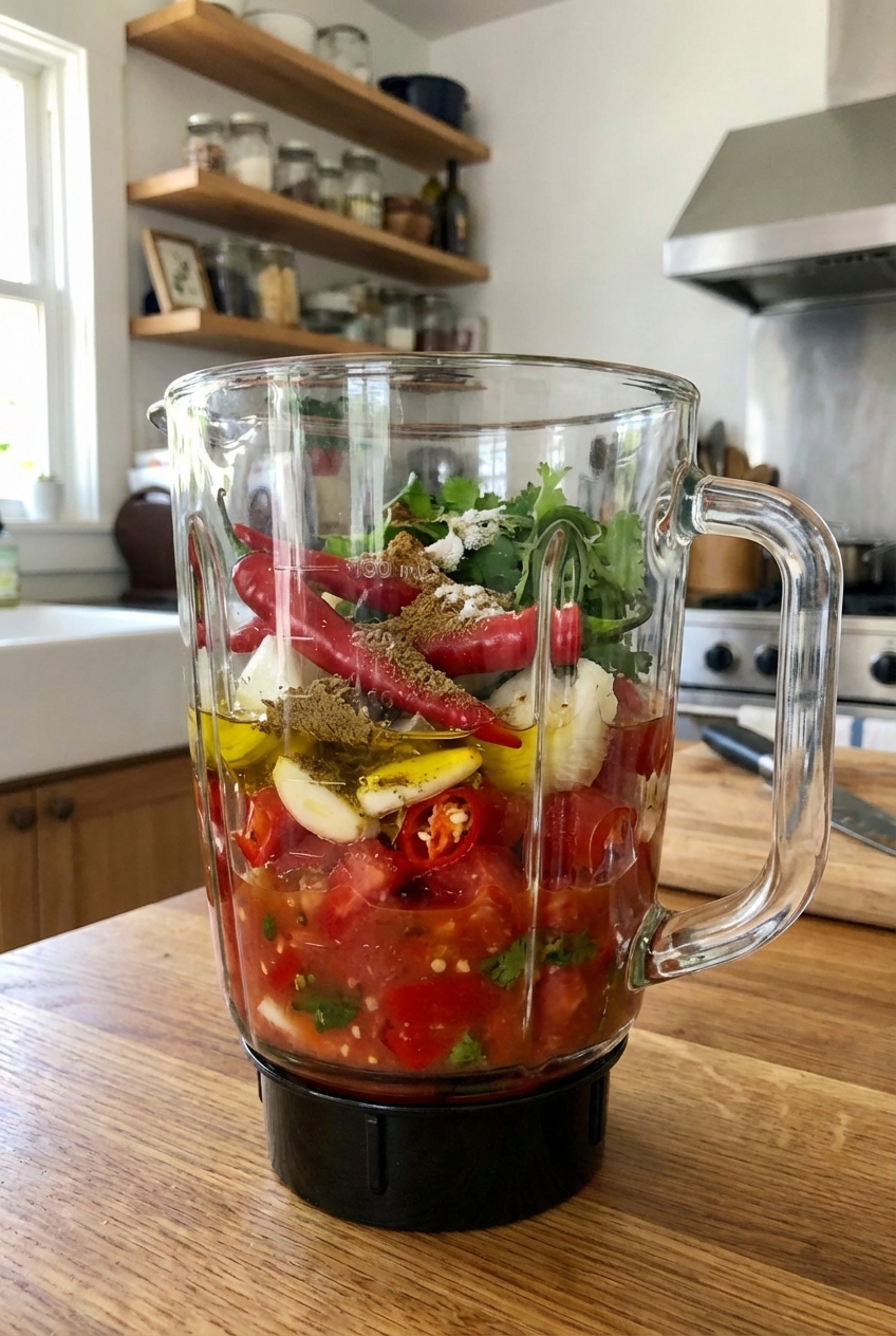 A blender jar filled with red tomato chile sauce just before blending