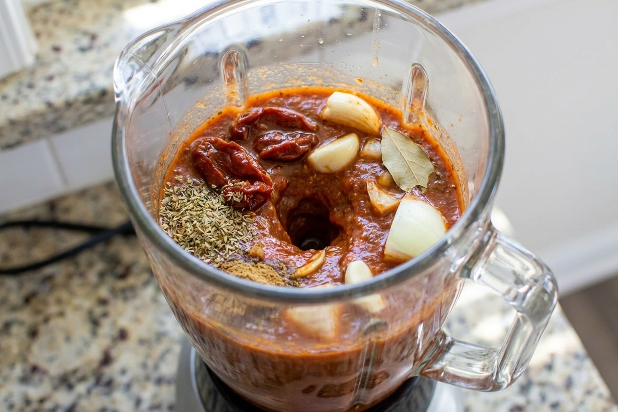 A blender jar filled with reddish barbacoa sauce ingredients mid-blend