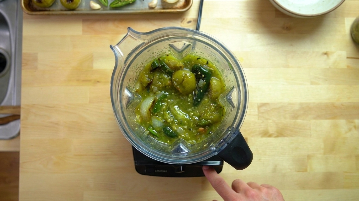 A blender jar filled with roasted tomatillos and green chiles being blended into a smooth green sauce on a kitchen counter