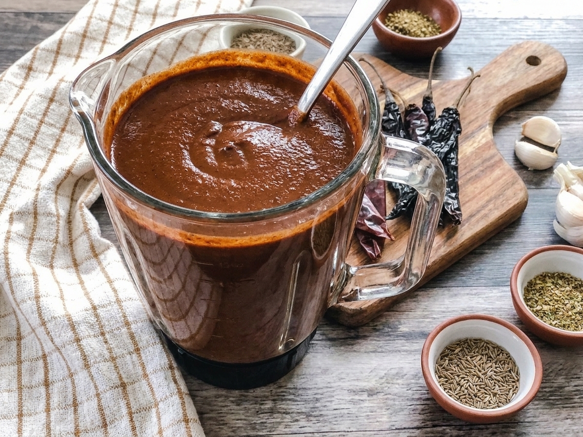A blender jar filled with smooth dark red-brown mole-style sauce on a kitchen counter with a ladle and toasted spices nearby