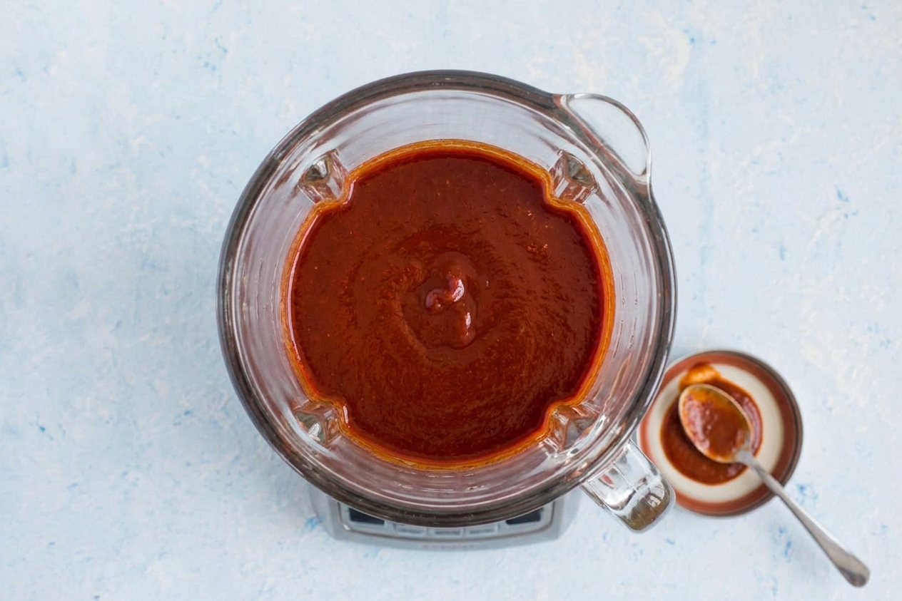 A blender jar filled with smooth deep red birria chile sauce on a kitchen counter