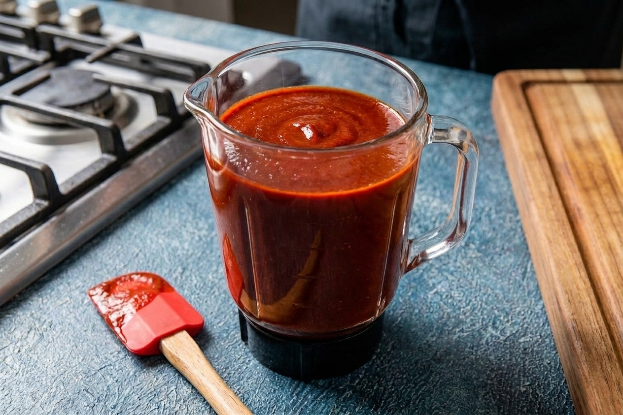 A blender jar filled with smooth deep red chile sauce on a kitchen counter with a spatula nearby