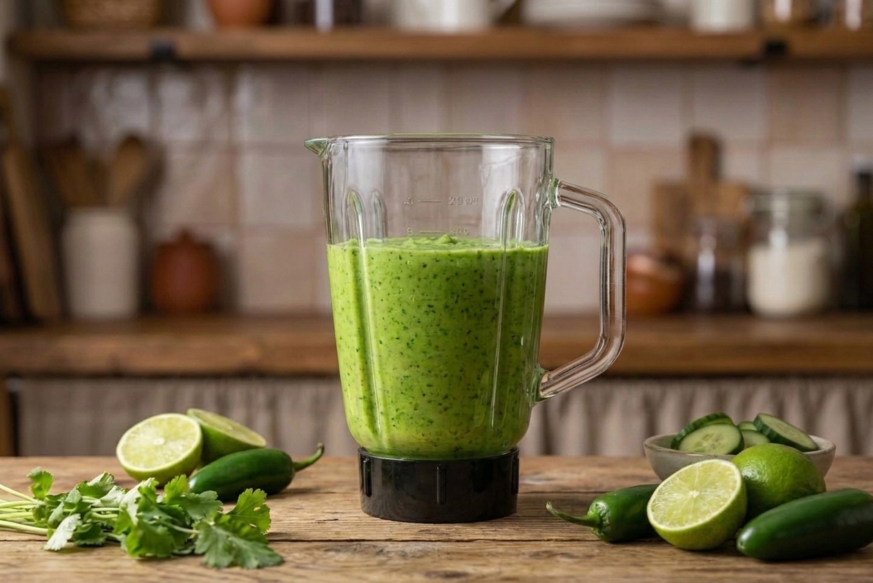A blender jar filled with smooth green aguachile sauce made from cilantro, jalapeño, and lime, sitting on a clean kitchen counter
