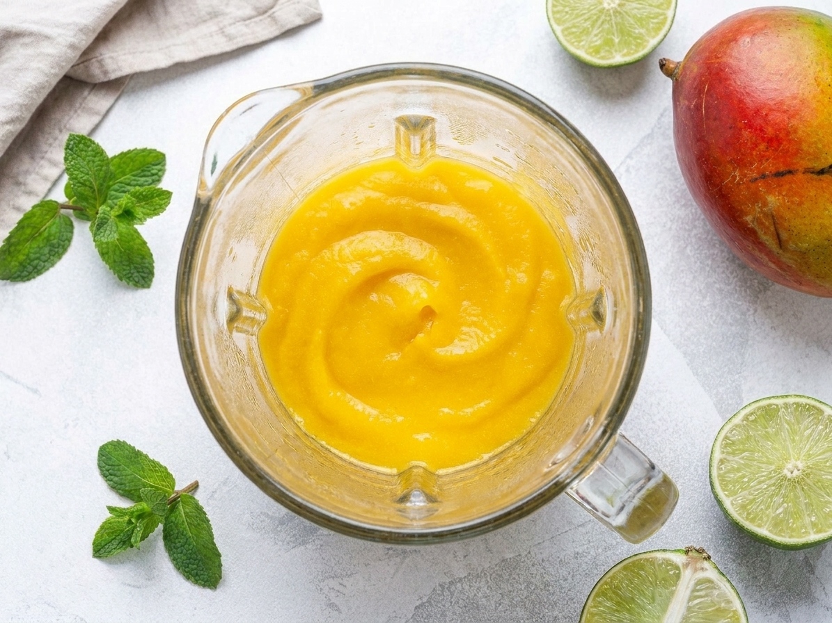 A blender jar filled with smooth mango puree on a kitchen counter