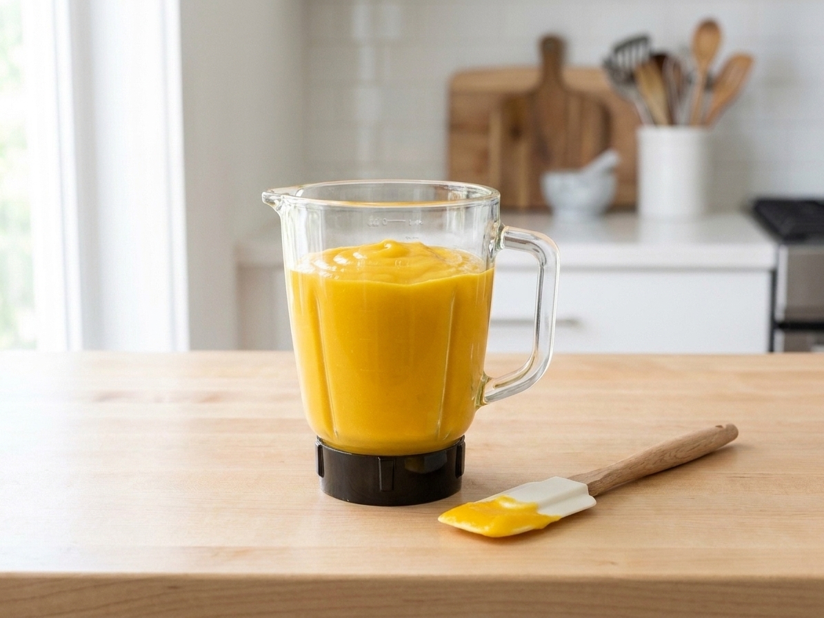 A blender jar filled with smooth mango puree on a kitchen counter with a spatula nearby